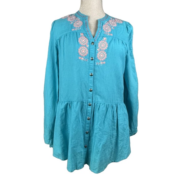 Tasha Polizzi Collection Shirt Womens M‎ Blue Embroidered Boho Tunic Top Floral - Picture 2 of 10